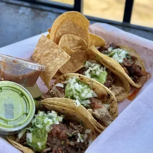 Carne Asada Street Taco, Chicken Street Taco, Carnita Street Taco, Al-Pastor Street Taco with Avocado and Fire Salsa