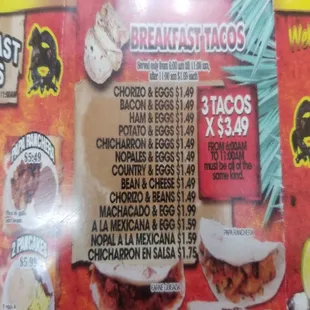 a menu for breakfast tacos