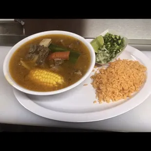 Caldo of Res with a order of freshly made tortillas &amp; rice!