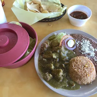 Puerco Chile Verde with rice &amp; beans, tortillas, chips &amp; salsa