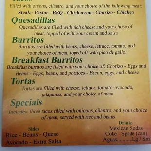 menu for a mexican restaurant