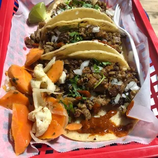Tacos with the best veggies (carrots, cauliflower, Mexican oregano -- kinda like escabeche, but not sorry vinegary).