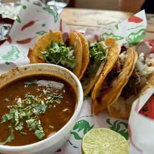 Quesa Birria Taacos Plate witih Consome