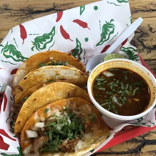 Quesa Birria Taacos Plate witih Consome