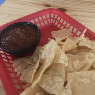 Complimentary chips n salsa brought to the table. Yum!