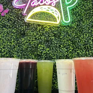 AguaFrescas 
Strawberry, Jamaica, Cucumber w/Lemon, Horchata, Sandía