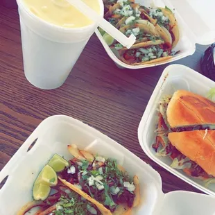 Barbacoa tacos, Al Pastor Torta, aqua de pina.