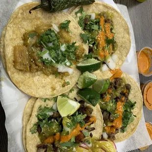 Carne asada, and carnitas and chichorrones tacos. A1!