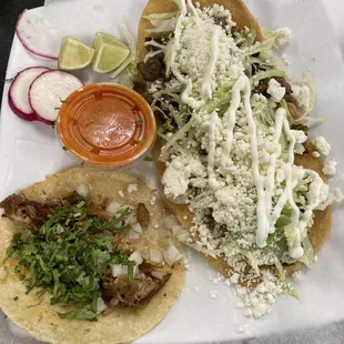 Carnitas taco, asada huarache,