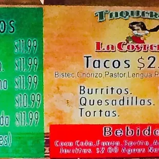menus and prices