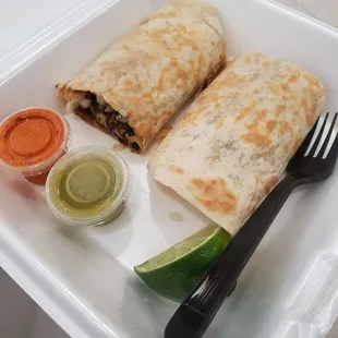 Lengua Burrito with lime and salsas
