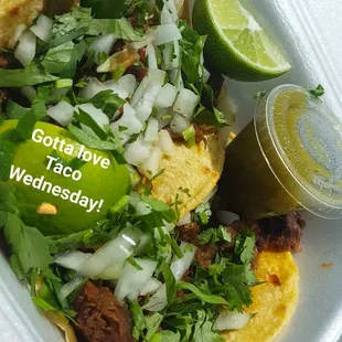 Lengua Tacos with Salsa Verde and Lime. (Don&apos;t mind the caption, just trying to show people that you can eat tacos any day of the week!)
