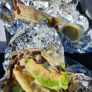 3 tacos: fajita on flour and Barbacoa and pastor on corn. Added cheese and avocado to each and the total was only $8! Delicious!