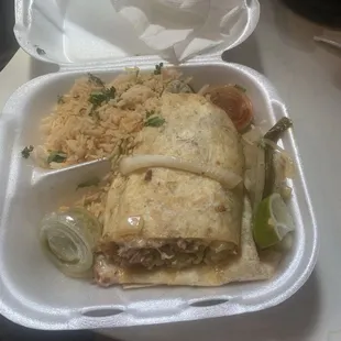 Carnitas Burrito, with side of Rice