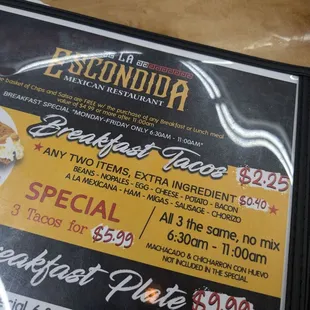 Breakfast taco menu