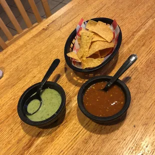 Super spicy red salsa and mild green salsa!