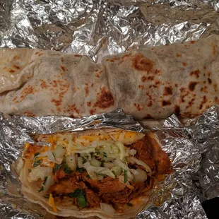 Top-Bottom: Barbacoa Burrito, $6, tax included. Chicken Taco, $2.50, tax included