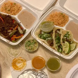 Left- beef fajitas; right-lengua taco plate
