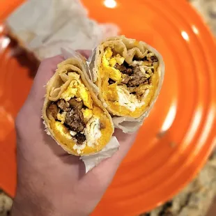 Steak, egg and cheese breakfast burrito.