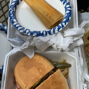 Torta Trés Carnes and Chicken Tamale