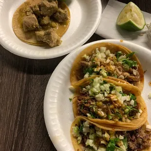 Tacos- chili verde, buche, carne asada and barbacoa