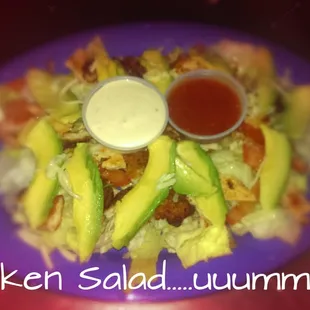 Chicken salad with avocado slices and red salsa y d.e.l.i.c.i.o.u.s.!