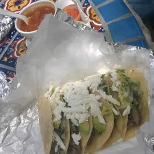 Bistec tacos w/ the most delicious beans in the background