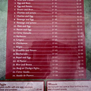 Menu for breakfast tacos