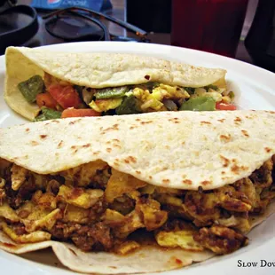 Nopal &amp; Egg on Corn, Chorizo &amp; Egg on Flour