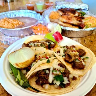 Tacos, pollo asada, rice &amp; beans