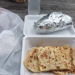 Steak Burrito and spicy pork quesadilla