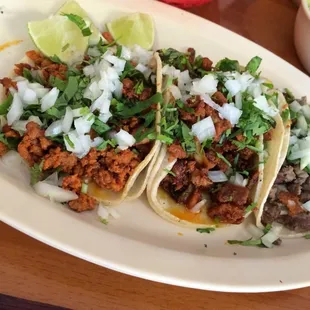 From left to right: chorizo taco, al pastor taco, carne asada taco