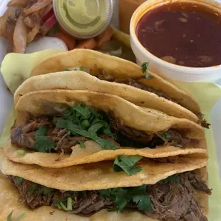 Birria tacos with consome and sauce on the side