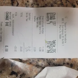 the receipt for the restaurant