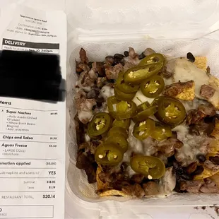 Got super nachos and they forgot toppings: The bottom was soggy from the bean juice,  meat was dry as hell.