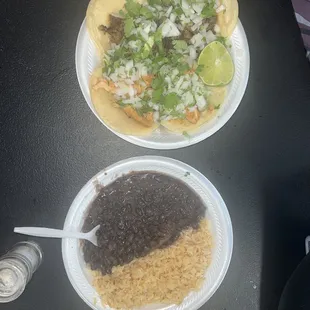 Carne Asada (steak) &amp; Pollo (chicken) Street Tacos Side of Black Beans &amp; Rice