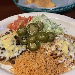 Tostadas, one Beef and one Chicken. Great flavor, and perfectly flavored rice.