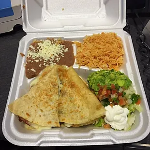 Beef quesadilla, refried beans, &amp; rice.