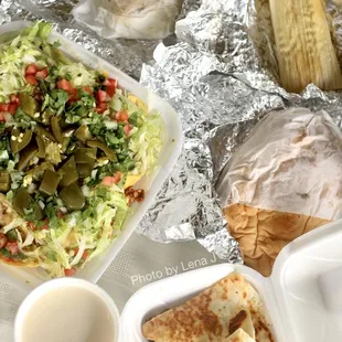 Pastor Burrito ($8.50), Nachos de Pollo ($12), Torta de Lengua ($9.50), Rajas Tamale ($1.99), Quesadilla de Asada ($7.50), Horchata