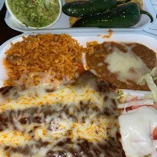 Ground Beef 3 Enchilada Dinner Side of Grilled Jalapenos Guacamole and Chips