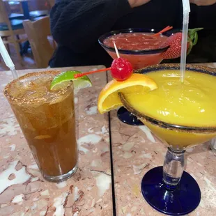 Mango Margarita, strawberry Margarita and Michelada