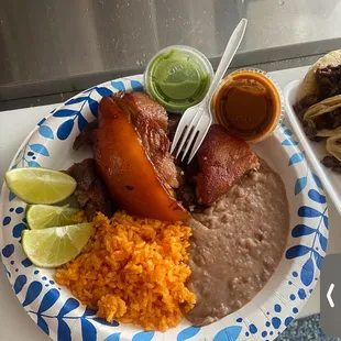 Delicious food!  Rice, beans, carnitas!