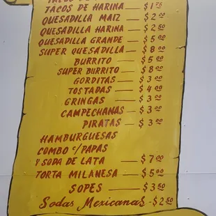 prices on the menu