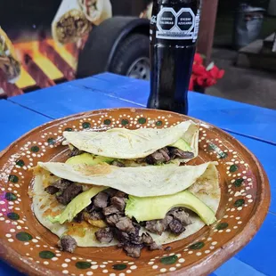 El Pirta Taco- Homemade flour tortillas filled with cheese, Fajita &amp; Avocado.