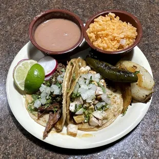 Birria and Pollo Tacos with Beans and Rice