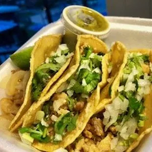 3 chicken tacos with "everything" on a single corn tortilla (special request) ... my favorite!