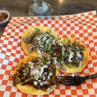 Lengua, Cabeza, and Al Pastor street tacos