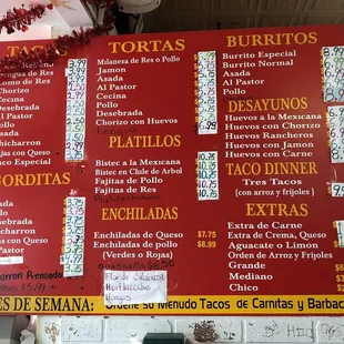 Current menu on the board.