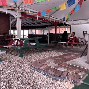 people sitting at picnic tables