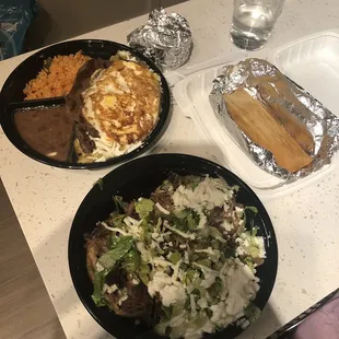 Chilaquiles, pork Tamales, and carnitas Sopes